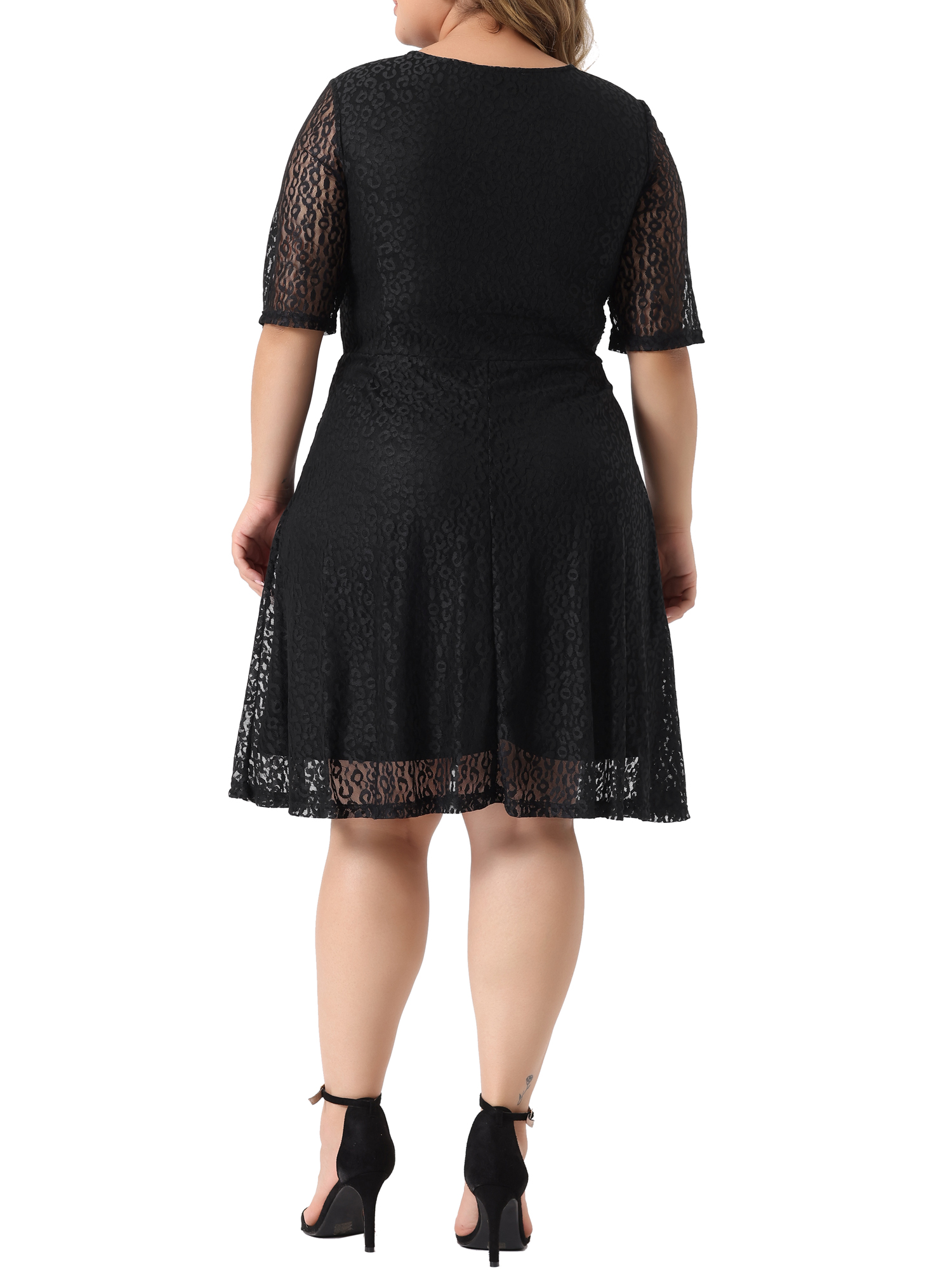 DARING DIVA V Neck Swing A-Line Cocktail Wedding Midi Lace Dress 1X Black
