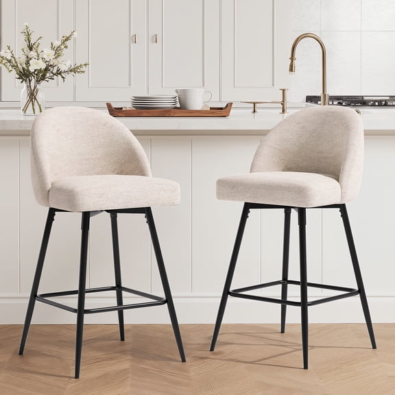 CDCASA Counter Height Bar Stools with Back Sets of 2, 360°Swivel Upholstered Barstools with Metal Legs, 27" Seat Height Bar Stool for Kitchen Island, Beige