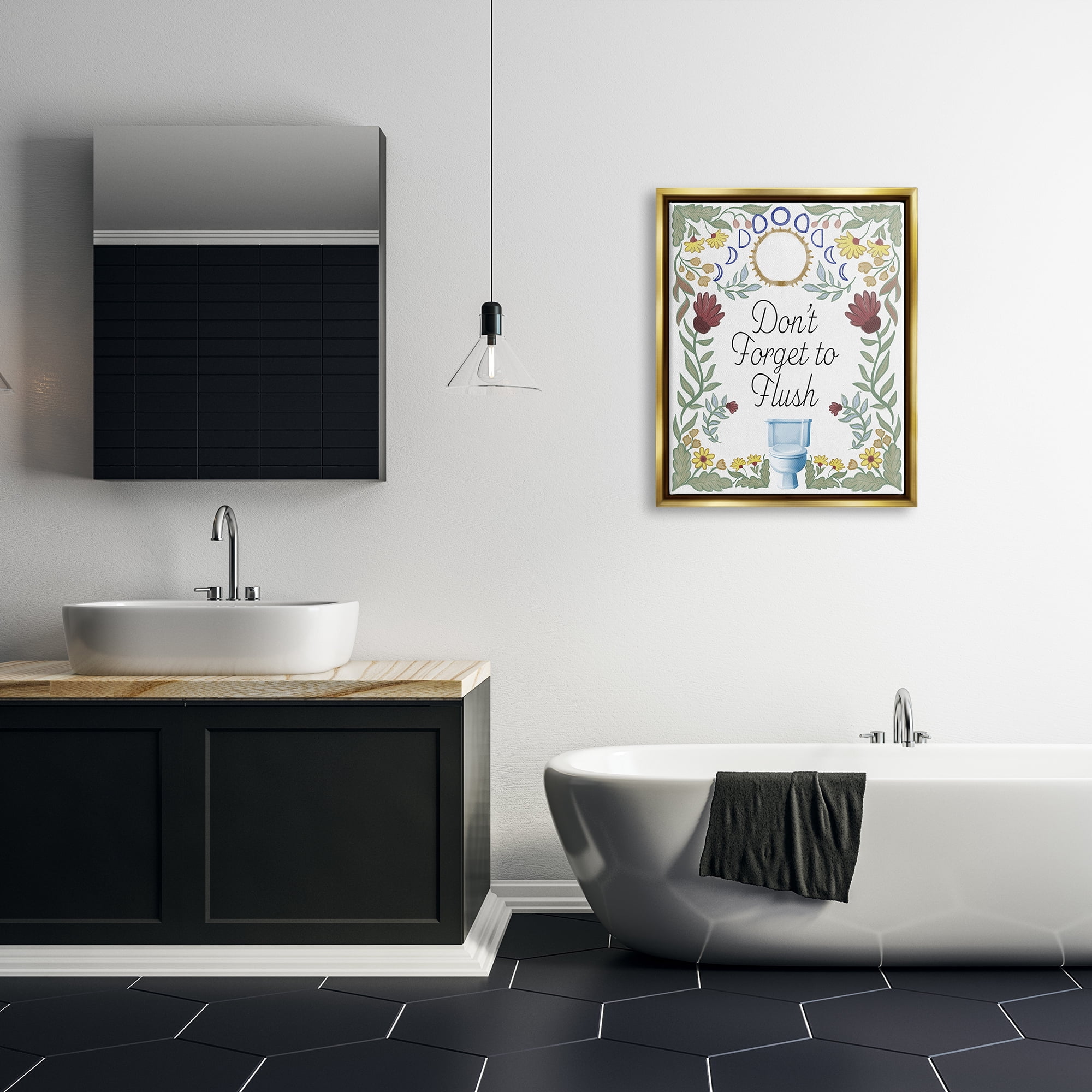 Stupell Industries Floral Bathroom Phrase Typography Painting Gold Floater Framed Art Print Wall Art, 25 x 31