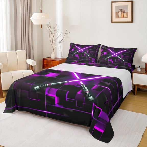 Erosebridal Electric Games Bed Sheets Set Twin Size,Purple Neon Light Bedding Sets Twin Size,Glowing Ombre Checkered Bed Sheets Twin For Teens,Ultra Soft Bedroom Decoration,3pcs