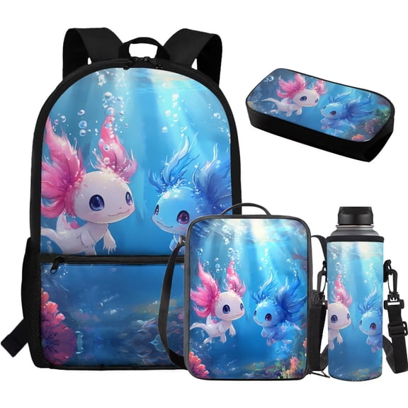Jeiento Axolotl Backpacks for Kids Kawaii Book Bags for Girls 9-12 Lightweight Bookbag and Lunch Box Set for Kindergarten Blue Ocean 4 Piece School Bag Set