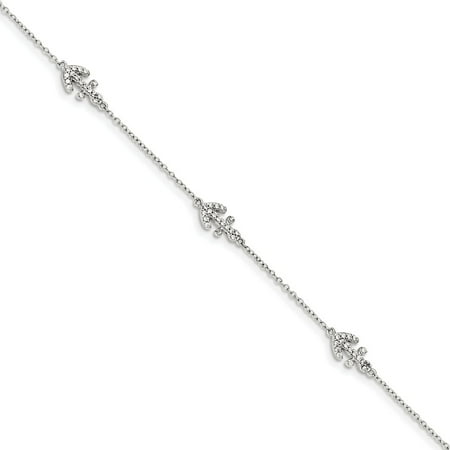 Sterling Silver 6in Polished CZ Anchor w/1.25in ext. Bracelet