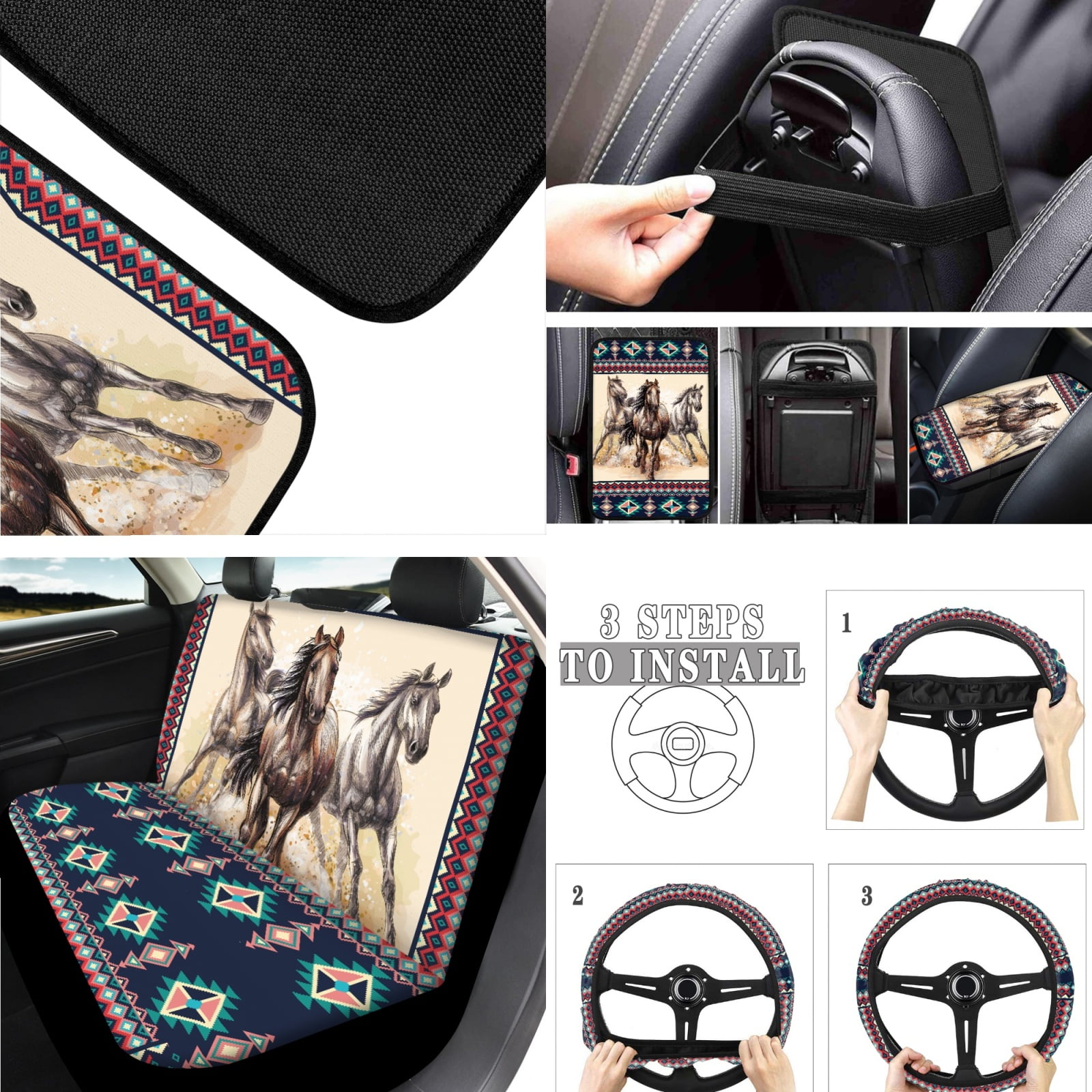 Jeiento Aztec Western Horse Automotive Seat Covers Full Set of 17 Car Front Rear Seat Covers Floor Mats Car Steering Wheel Cover Armrest Cover Coasters Keychains Universal Fit for Most Vehicles
