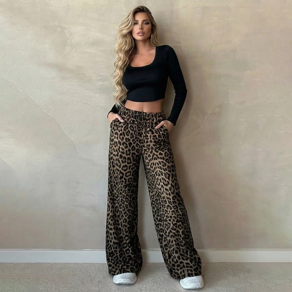 SOFTCCLO Wide Leg Pants for Women Leopard Print High Waist Drawstring Trousers Loose Straight Casual Womens Pants Coffee L