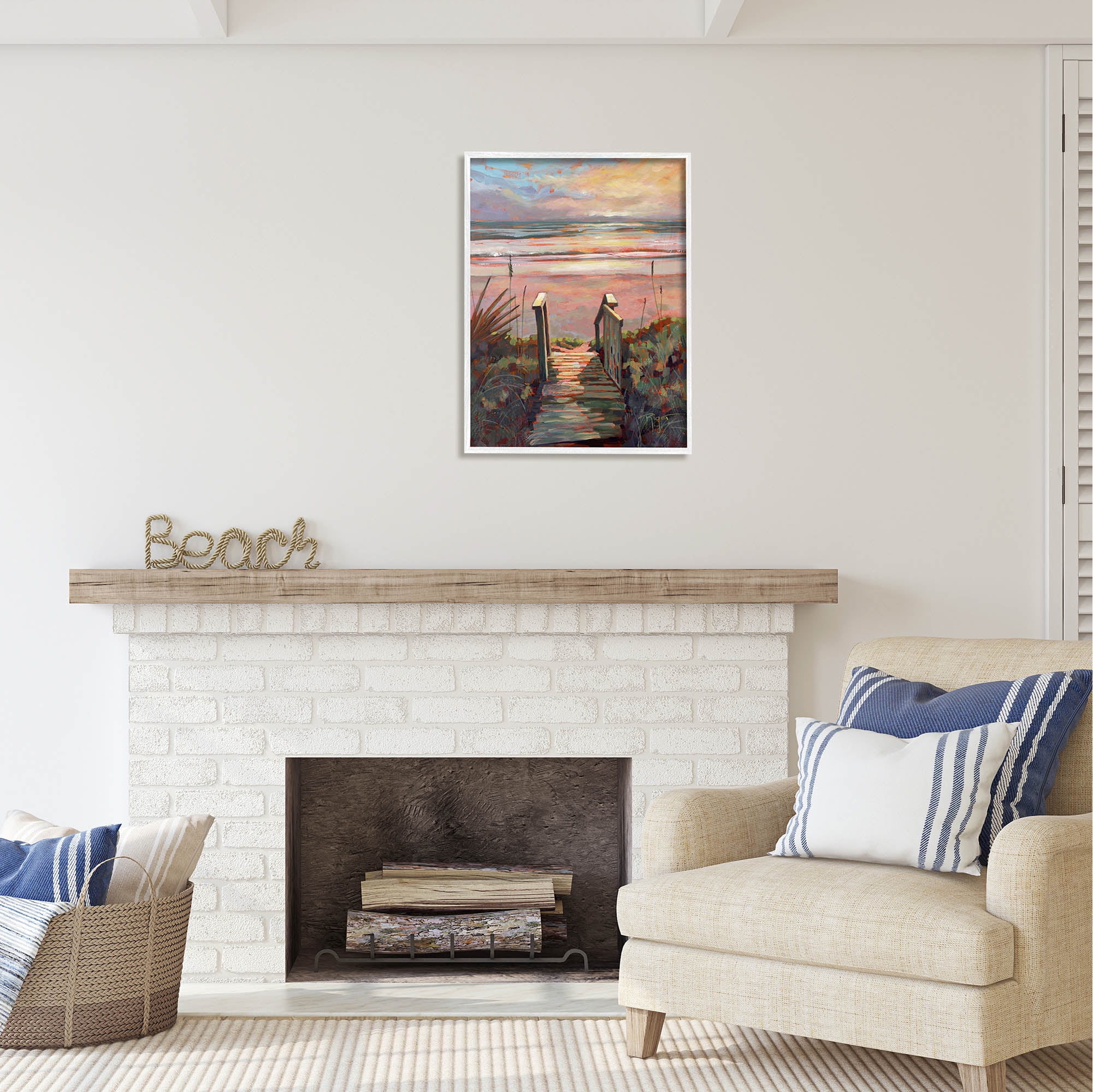 Stupell Industries Beach Shore Sunset Boardwalk Path Coastal Painting White Framed Art Print Wall Art