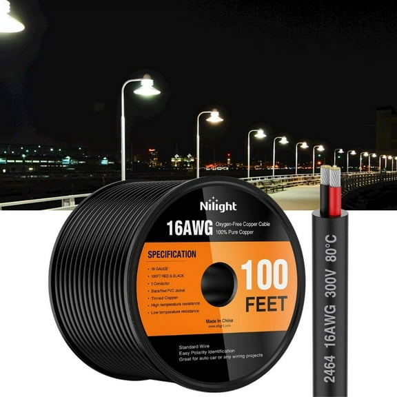 Nilight 100FT 16AWG Oxygen-Free Copper Wire Red Black Electrical Wire Stranded PVC Cord 2 Conductor Parallel 300V DC Flexible Extension Cords for Led Strips Lamps Lighting