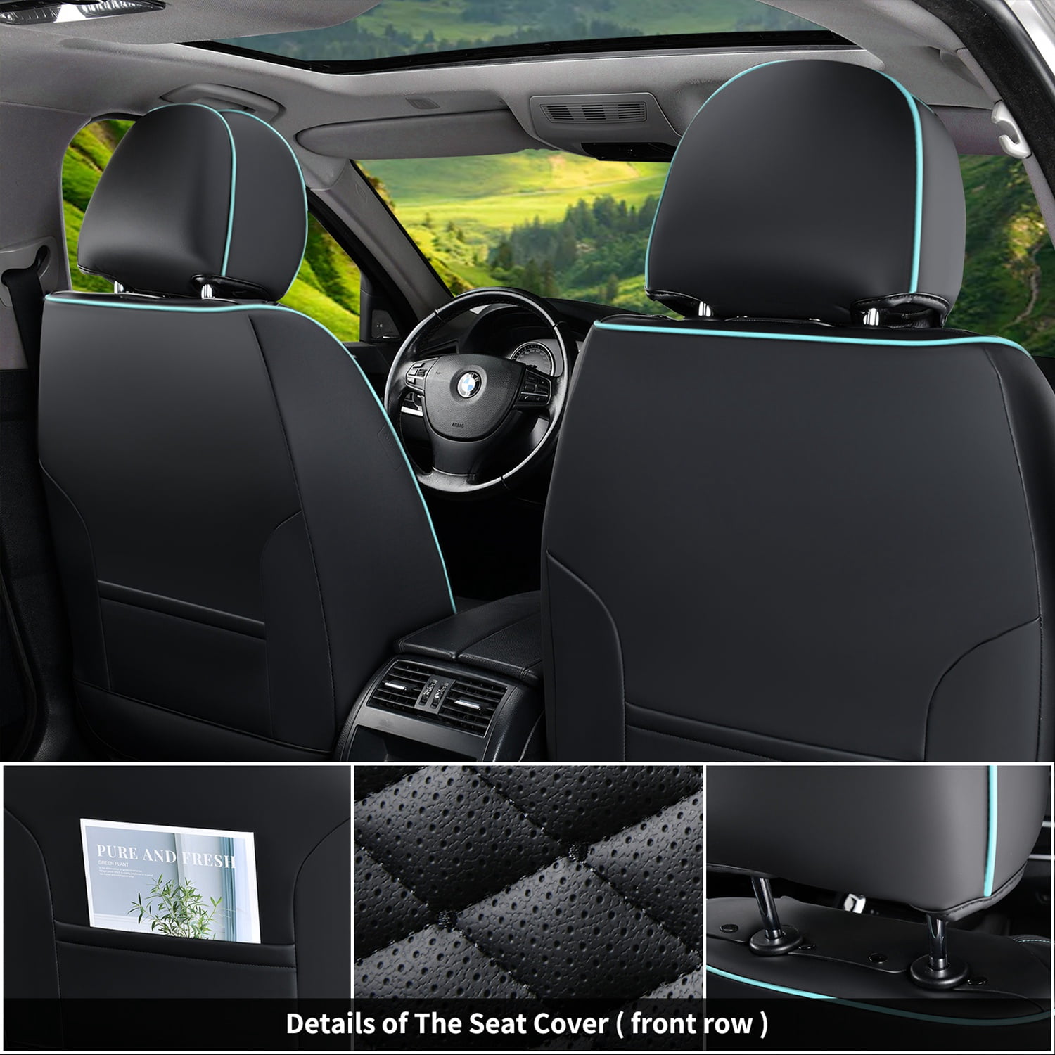 Coverado Black and Blue Trim Car Seat Covers Full Set, Premium Leather Front and Rear Split Bench Cover, Automotive Seat Protectors Universal Fit for Most Cars, SUVs and Trucks