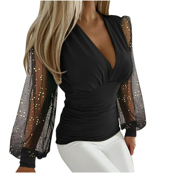 Turilly Fashion Woman Long Sleeve Solid V-neck Blouse Tops