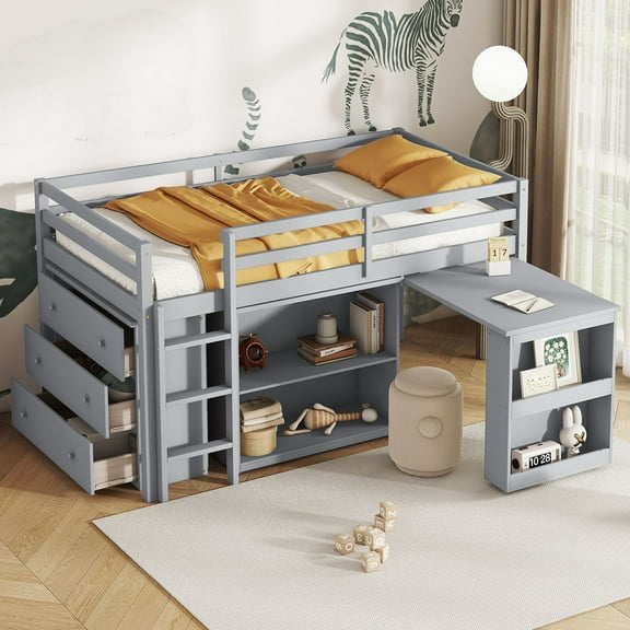 Noble House Twin Loft Bed, Rubber Wood Frame with Ladder, Drawer Cabinet, Shelf Cabinet and Pull-Out Desk, Grey