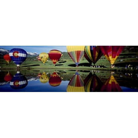 Reflection of hot air balloons in a lake Snowmass Village Pitkin County Colorado USA Stretched Canvas - Panoramic Images (18 x (Best Hot Air Balloon Rides In Colorado)