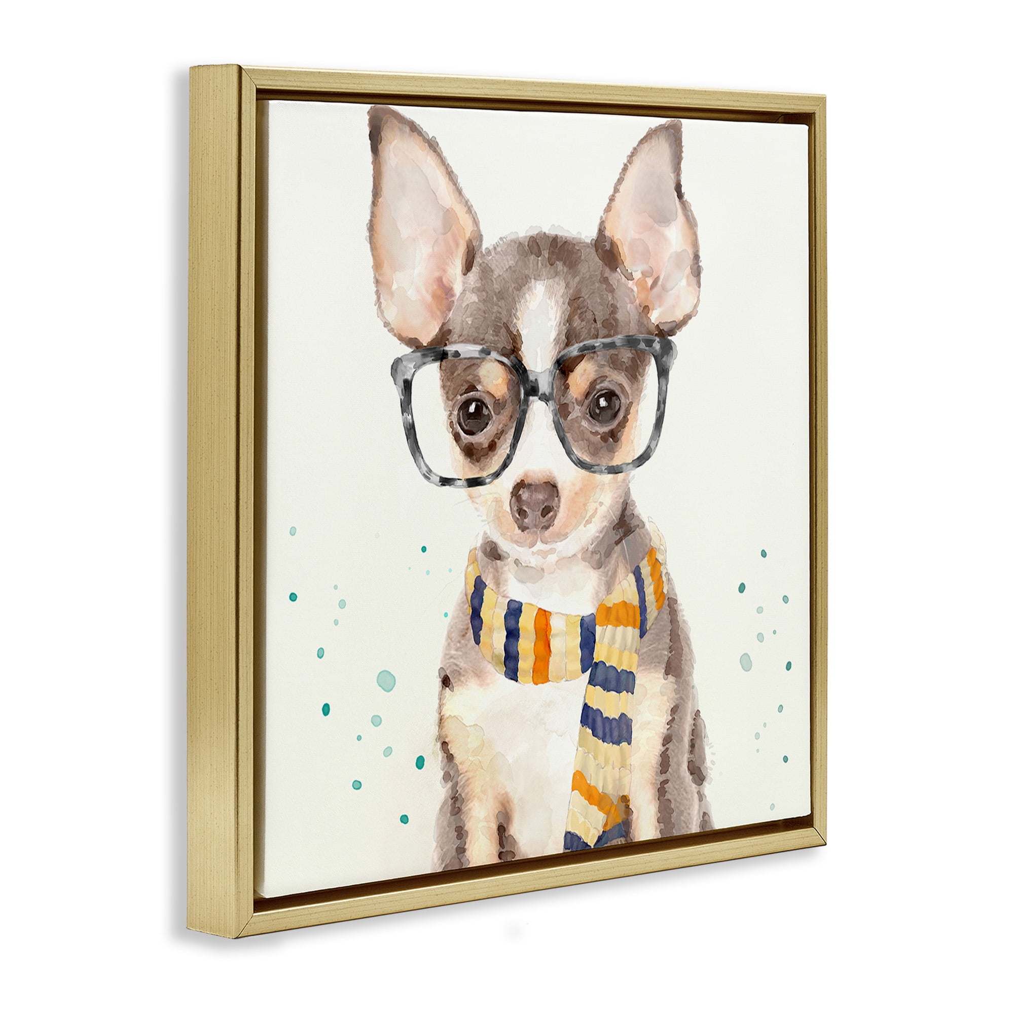 Stupell Industries Hipster Chihuahua Puppy Watercolor Animals & Insects Painting Gold Floater Framed Canvas Art Print Wall Art, 18 x 18