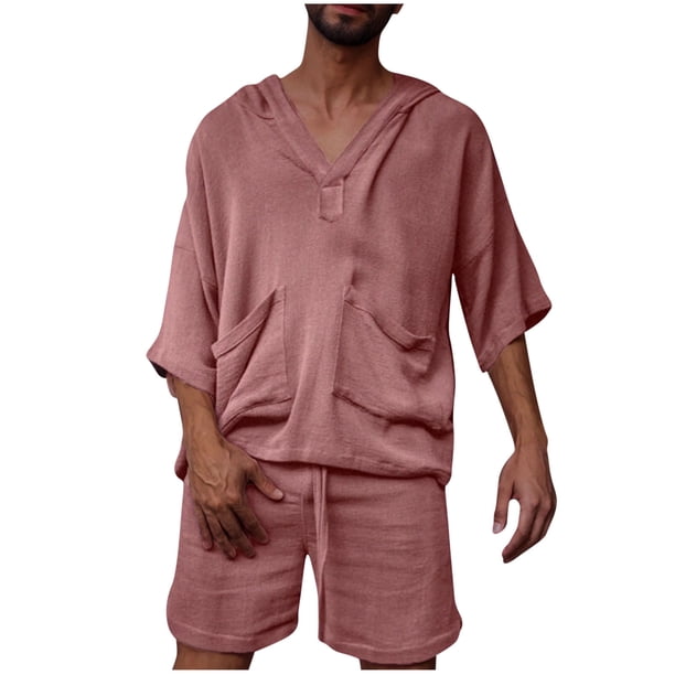 Conjunto de Traje para Hombre, Casual Manga Corta con Capucha, Pantalones Cortos de Bolsillo Conjunto de Color Sólido para Hombres