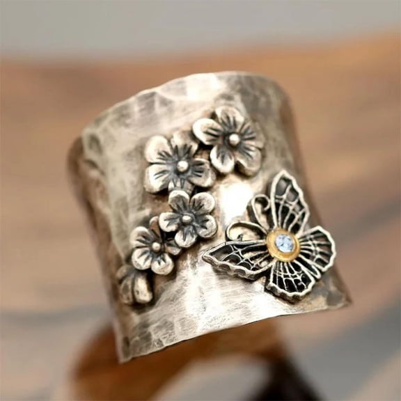 Women Fashion 925 Sterling Silver Butterfly Wide Ring Cherry Blossom Flower Ring