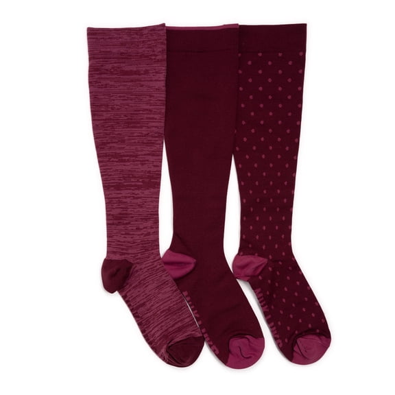 MUK LUKS Women's 3 Pair Pack Compression Socks, Burgundy Multi, One Size Fits Most