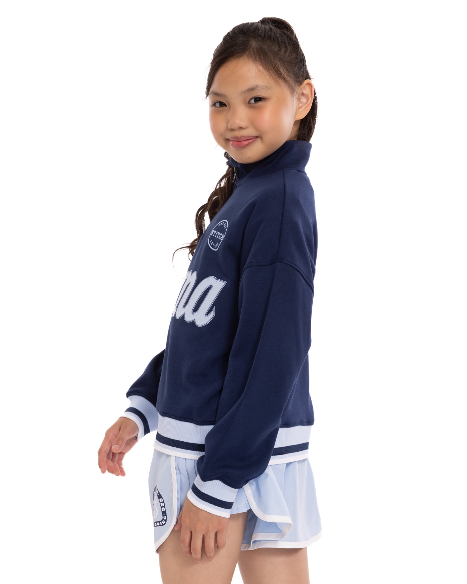 Stitch Girls' Quarter Zip Graphic Pullover Sweatshirt with Long Sleeves, Sizes 4-12
