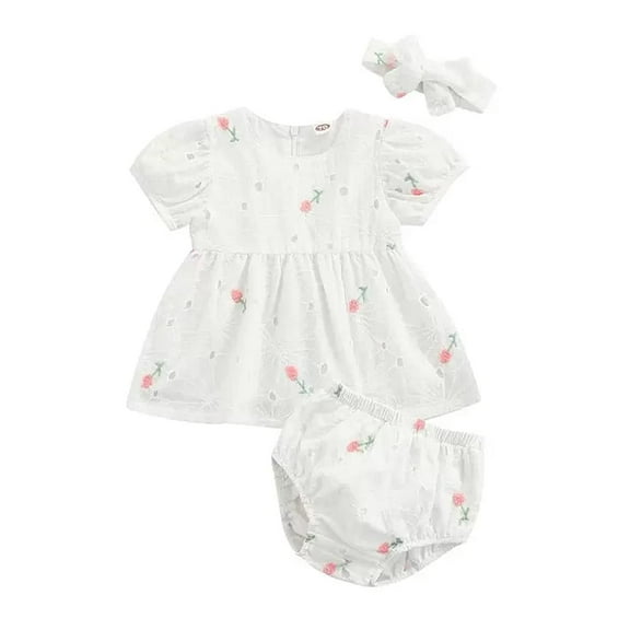 StylesILove Infant Baby Girls Eyelet Flower Embroidered Dress, Bloomers and Headband 3pcs Outfit Princess Girl Short Sleeve White Cotton Dress (12-18 Months)