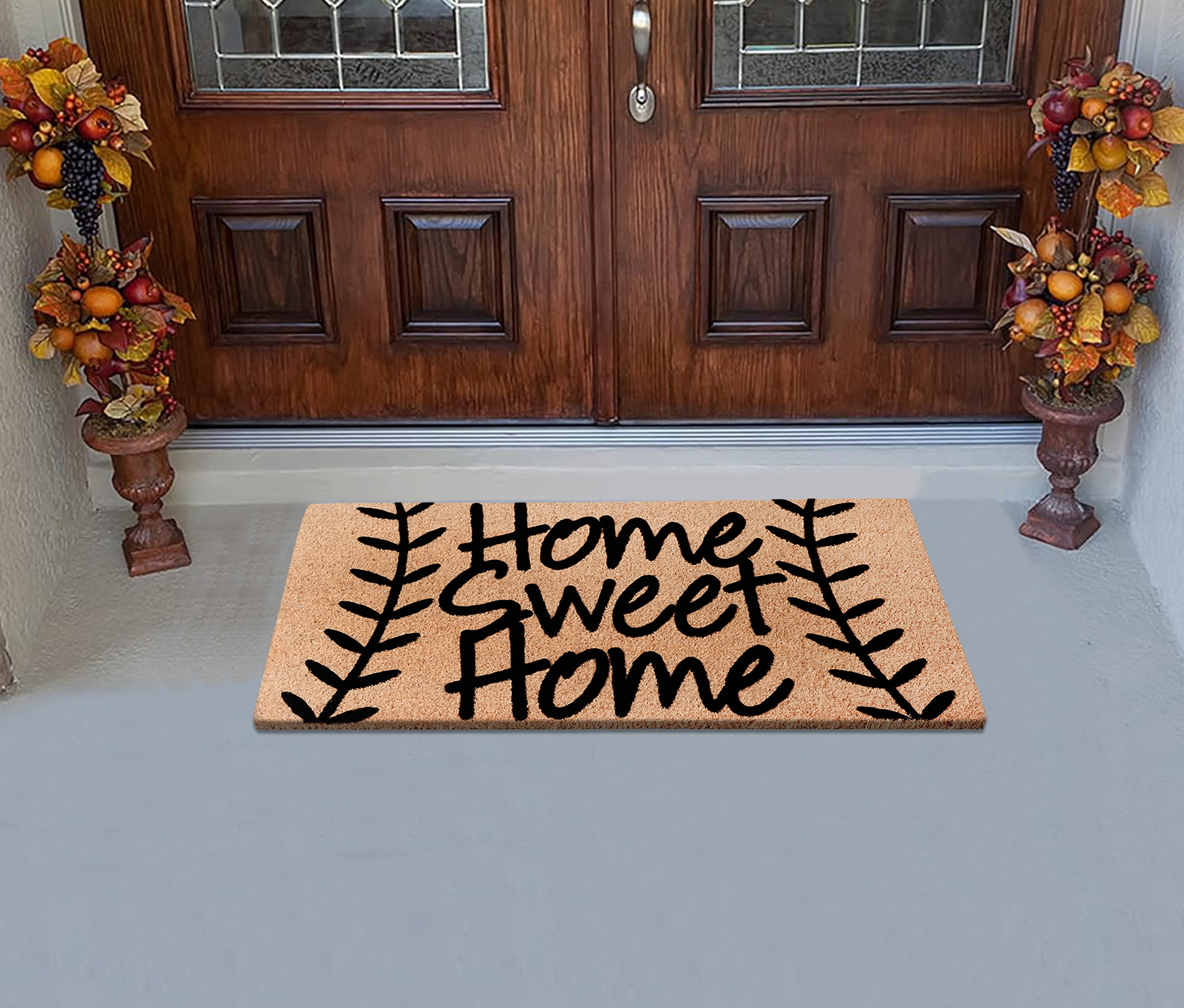 A1HC Natural Coir Flocked Doormat, Leafy Home Sweet Home Black , 24"x36", Durable Outdoor Welcome Mat, Non-Slip, Pet Friendly