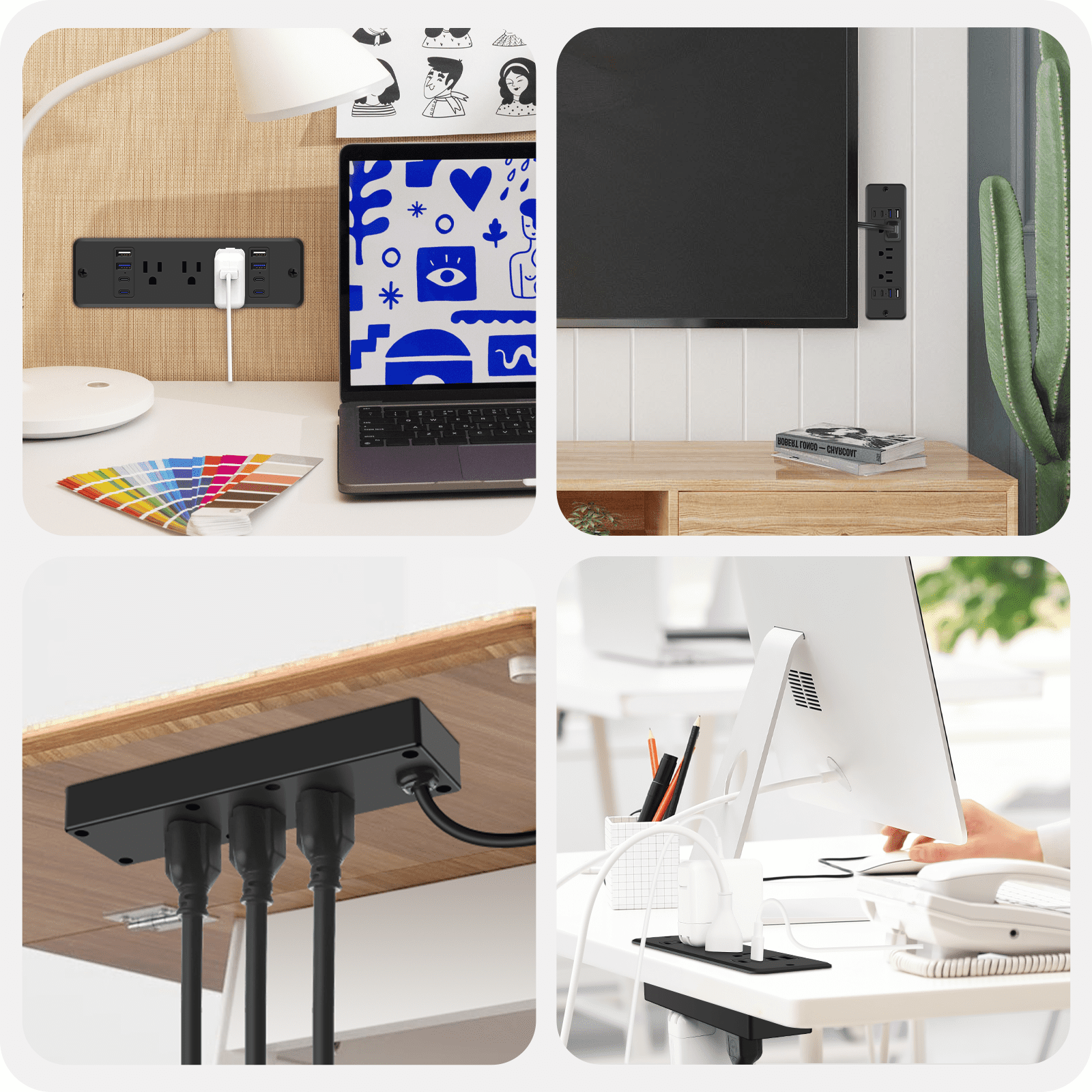 VILONG Recessed Power Strip with Usb-C (20W Fast Charging), 6 AC Outlets + 8 USB Ports, 45° Flat Plug, 6-Foot Cord – Ideal for Home Office, Desk Organization(Black)
