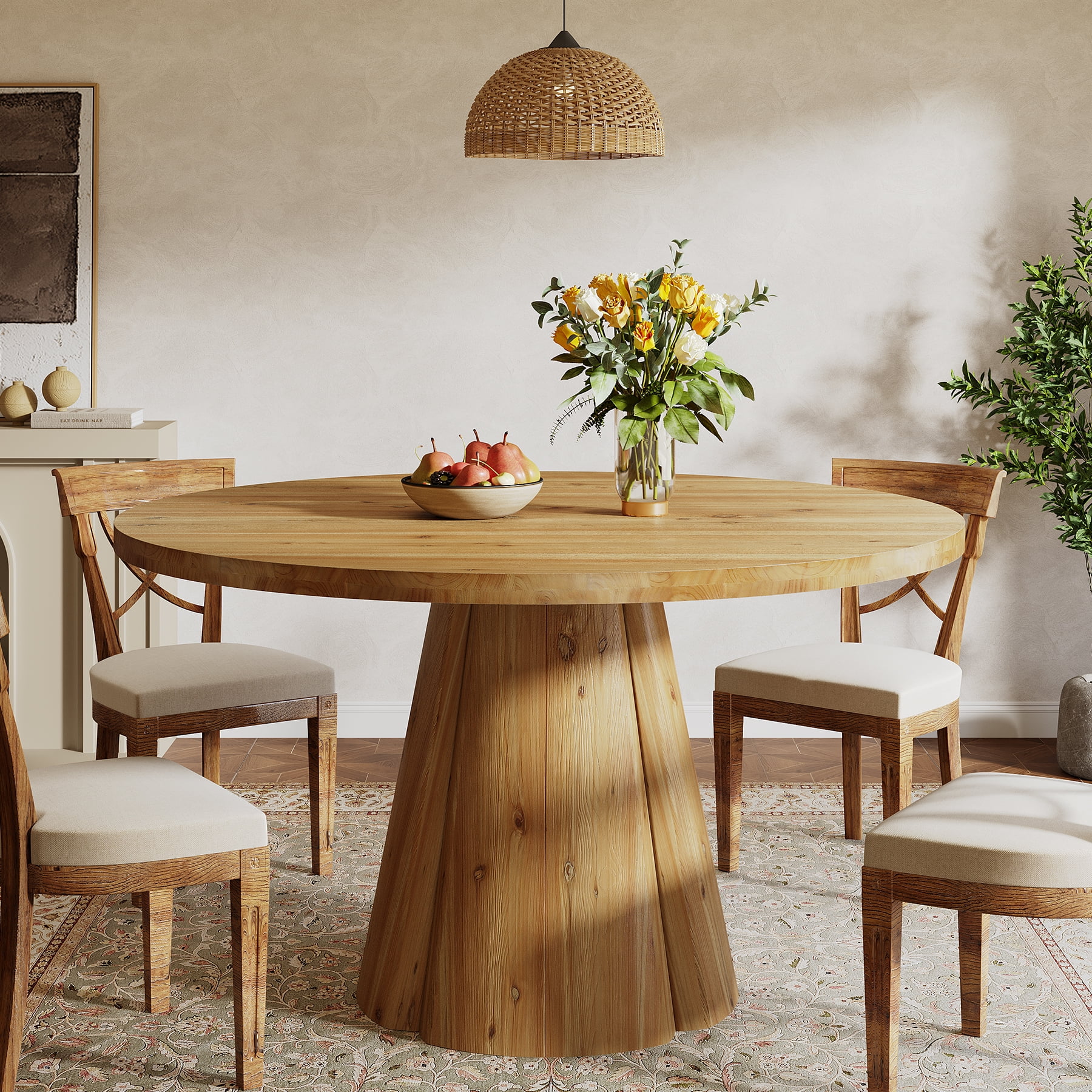 Tribesigns 47.24-Inch Solid Wood Dining Table, Farmhouse Round Kitchen Table with Wooden Pedestal Base for 4-6, Dinner Furniture for Kitchen, Home Dining Room, Easy Assembly