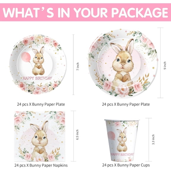 YUYAN-Bunny Birthday Decorations Tableware, Bunny Party Supplies, Paper Plate, Cup, Napkin, Tablecloth, Cutlery, Rabbit Bunny Party Decorations For Easter 1st 2nd Birthday, Serves 24