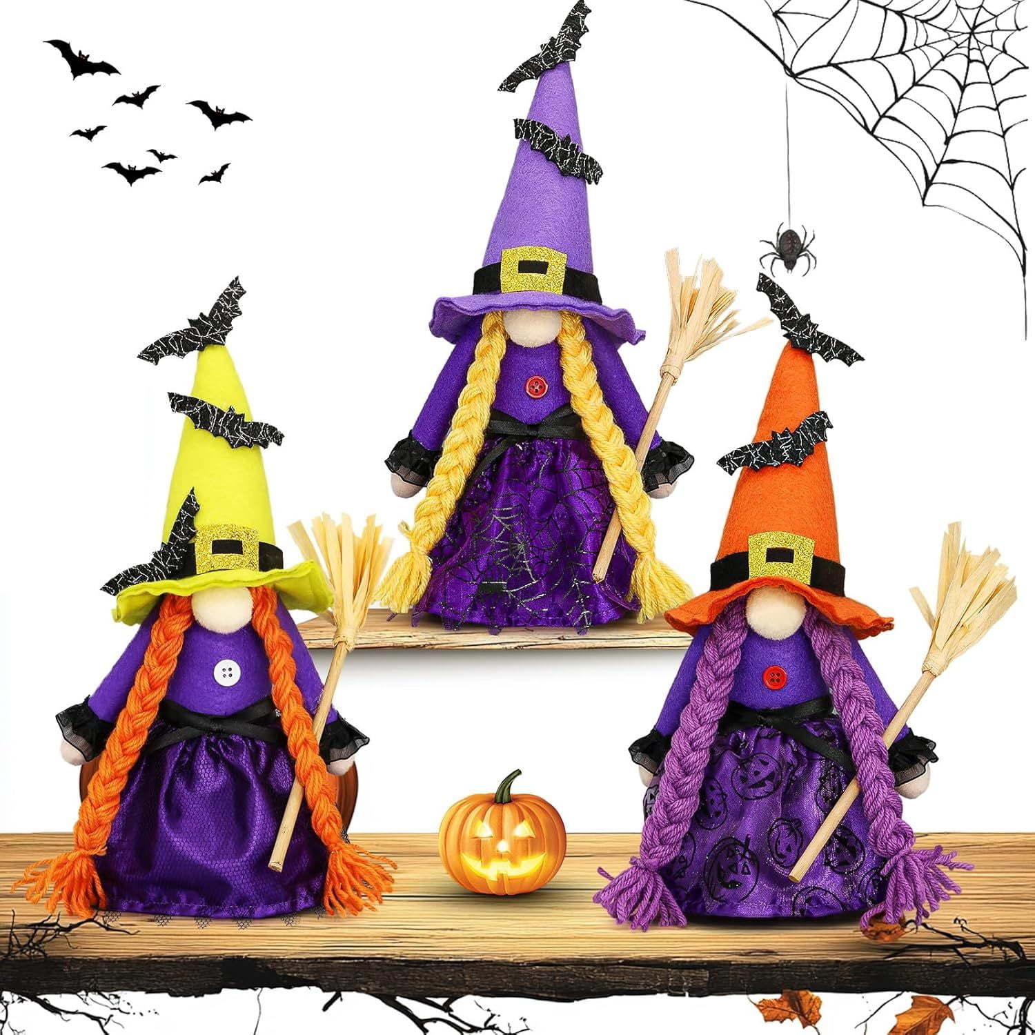 Set of 3 Hocus Pocus Witch Gnomes with Brooms for Rustic Halloween Decor