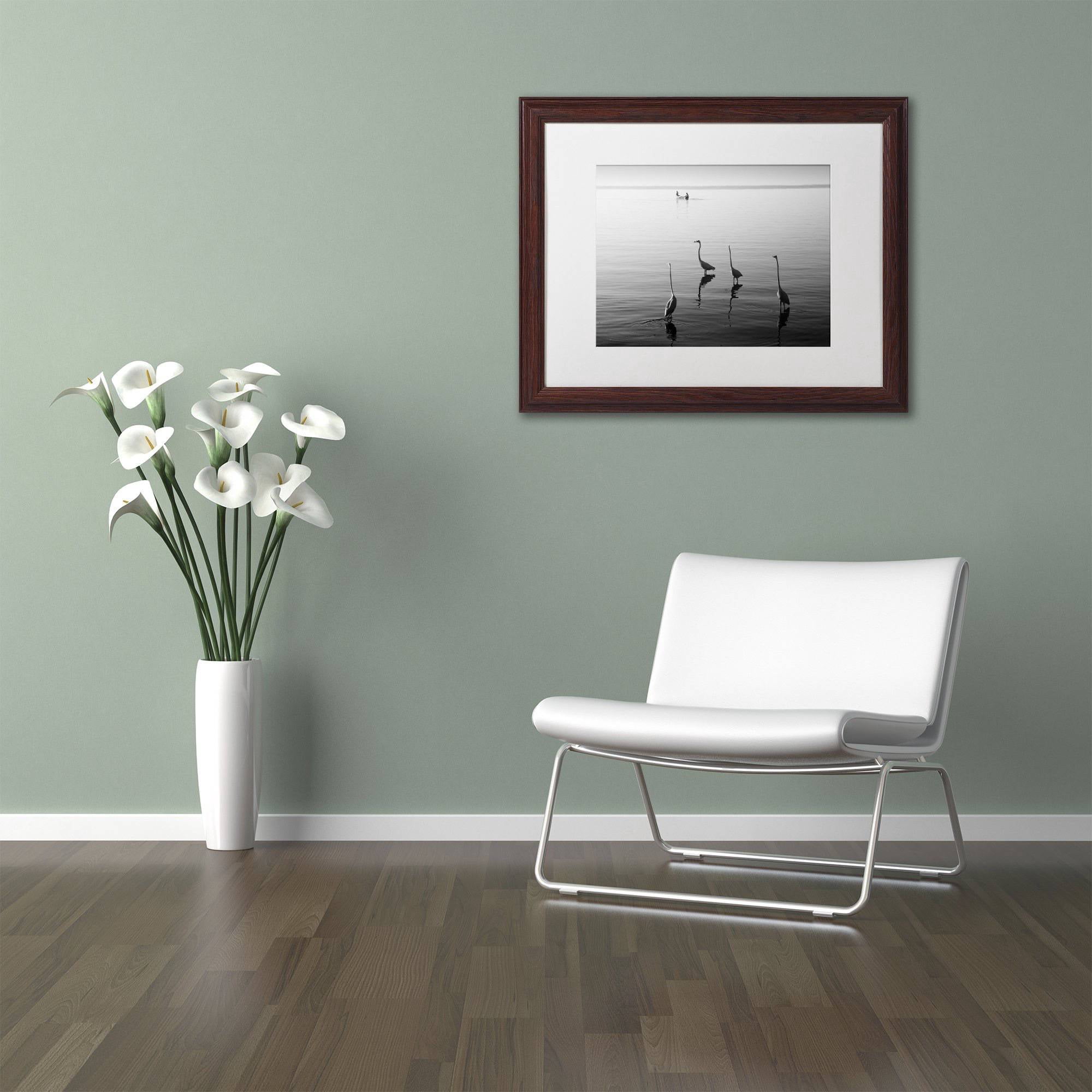 Trademark Fine Art "4 Herons and Boat" Canvas Art by Moises Levy White Matte, Wood Frame
