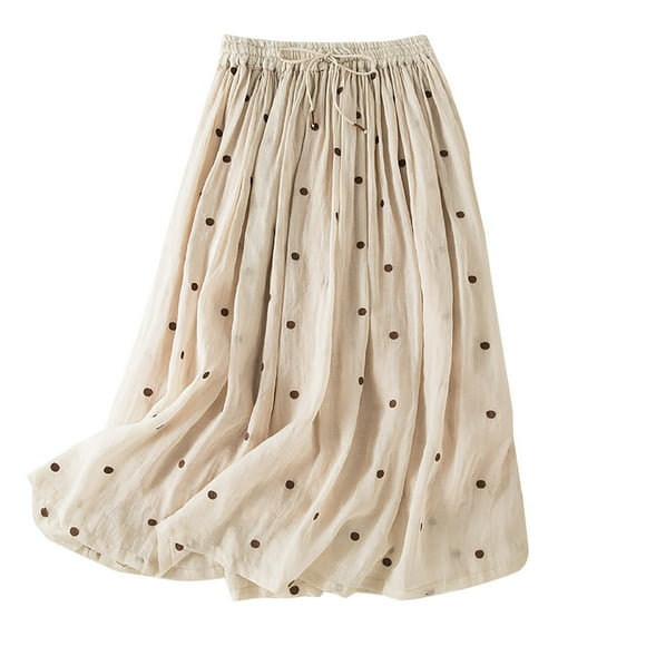 Besolor Women's Cotton Linen Long Skirts Printed Elastic Waist Drawstring Pleated A-Line Flowy Beach Vacation Skirts