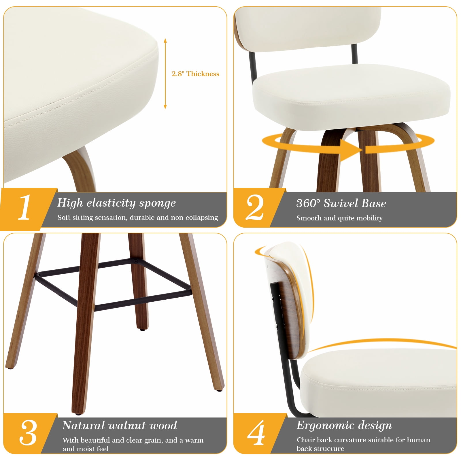 Swivel Counter Height Bar Stools, Set of 2, 29" Upholstered PU Leather Barstools with Back Wood Legs, Mid Century Modern Bar Chair Island Stool for Kitchen Counter, Cream White