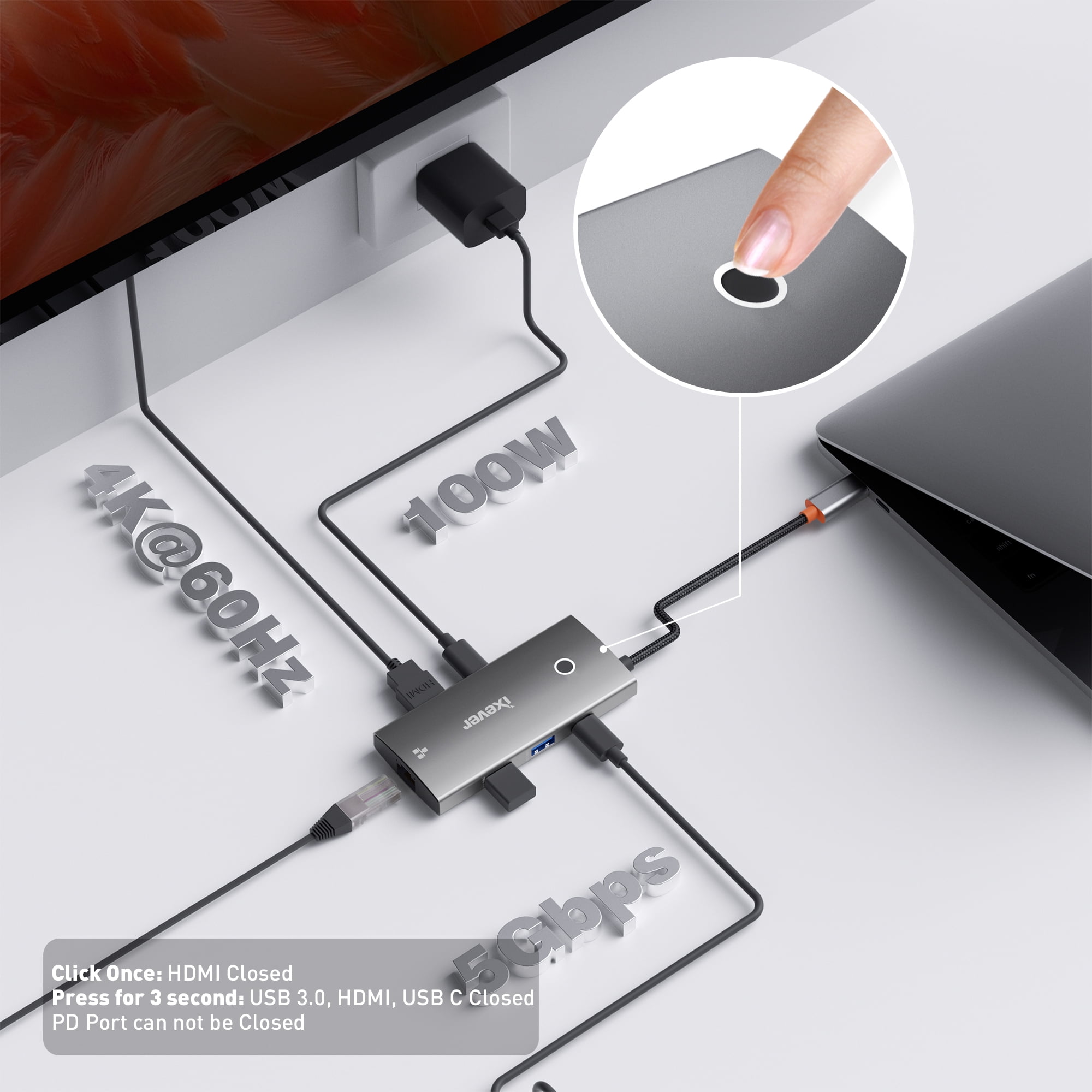 iXever USB Type C HUB Combo Docking Station: HDMI 4K@60Hz, Gigabit Ethernet 1000Mbps RJ45, USB Type C, 2x USB 3.0 5Gbps, PD Charging Port 100W