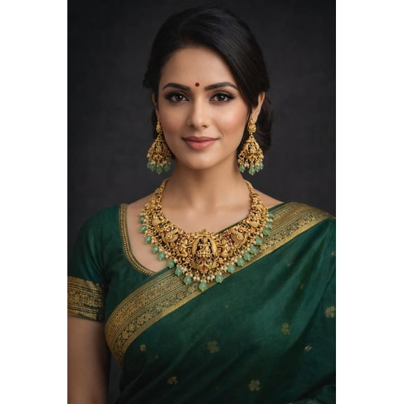 Indian Women's Traditional Temple Gold Necklace Set with Goddess Lakshmi Green Beads – Wedding & Festive Wear Gift