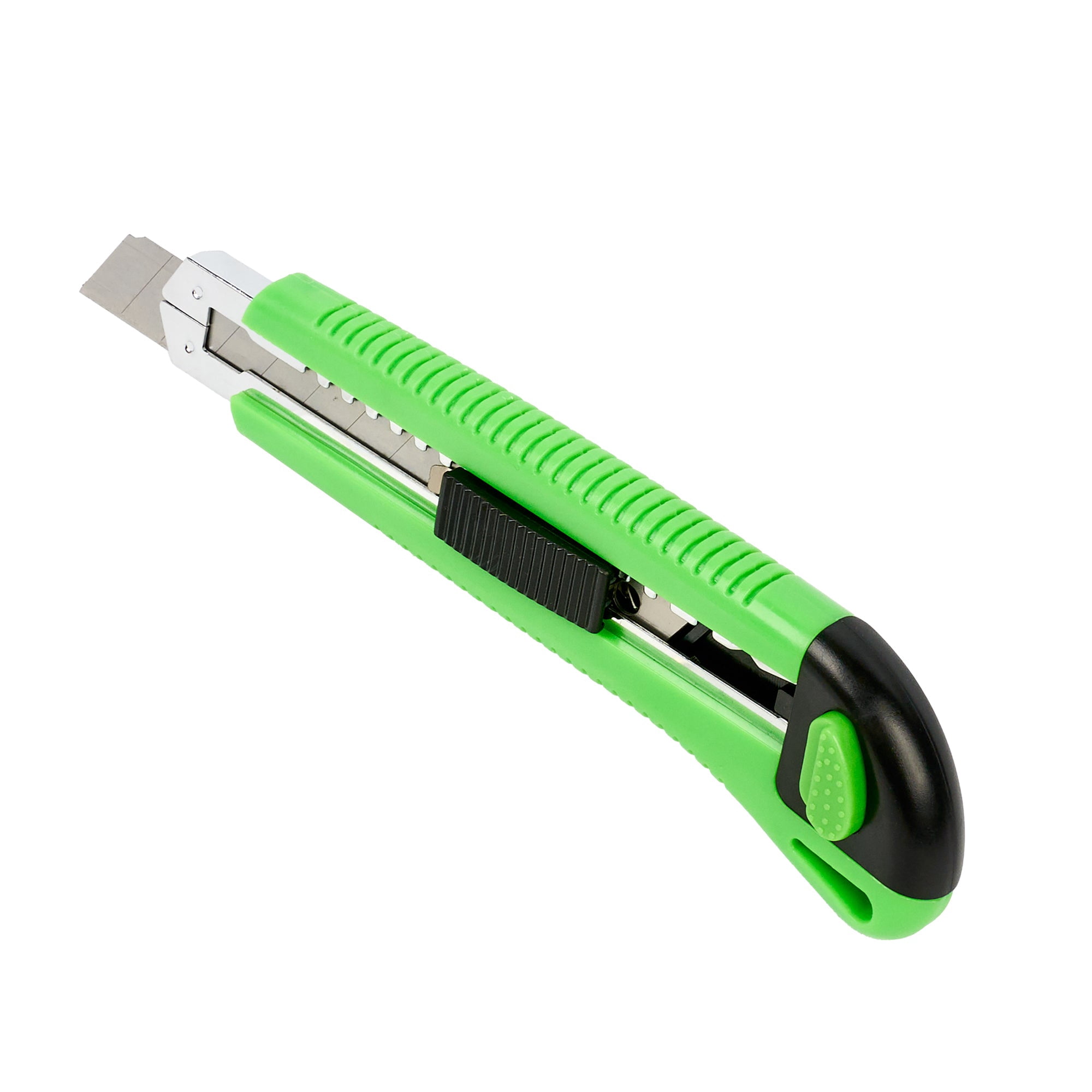 Restaurantware-Handy Tek 6.7 Inch Snap Off Blade Knives, 12 Retractable Box Cutters - Includes 36 Sharp Blades, 18mm Wide, Green Plastic Auto Loading Utility Knives, Built-In Lock, Ergonomic Handle