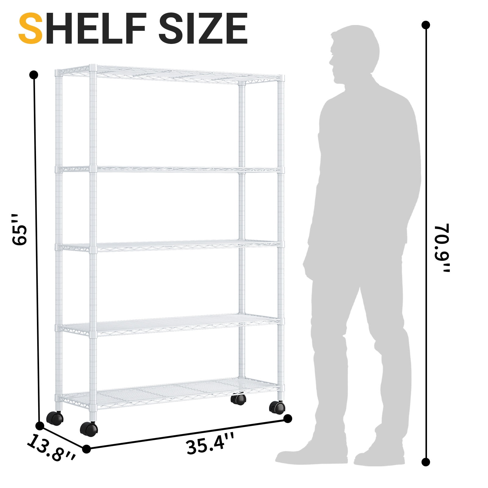 Ktaxon Commercial 5 Tier Storage Rack, Adjustable Rolling Metal Garage Shelving Chrome, 35''W x 14''D x 65''H, Capacity for 440lbs White