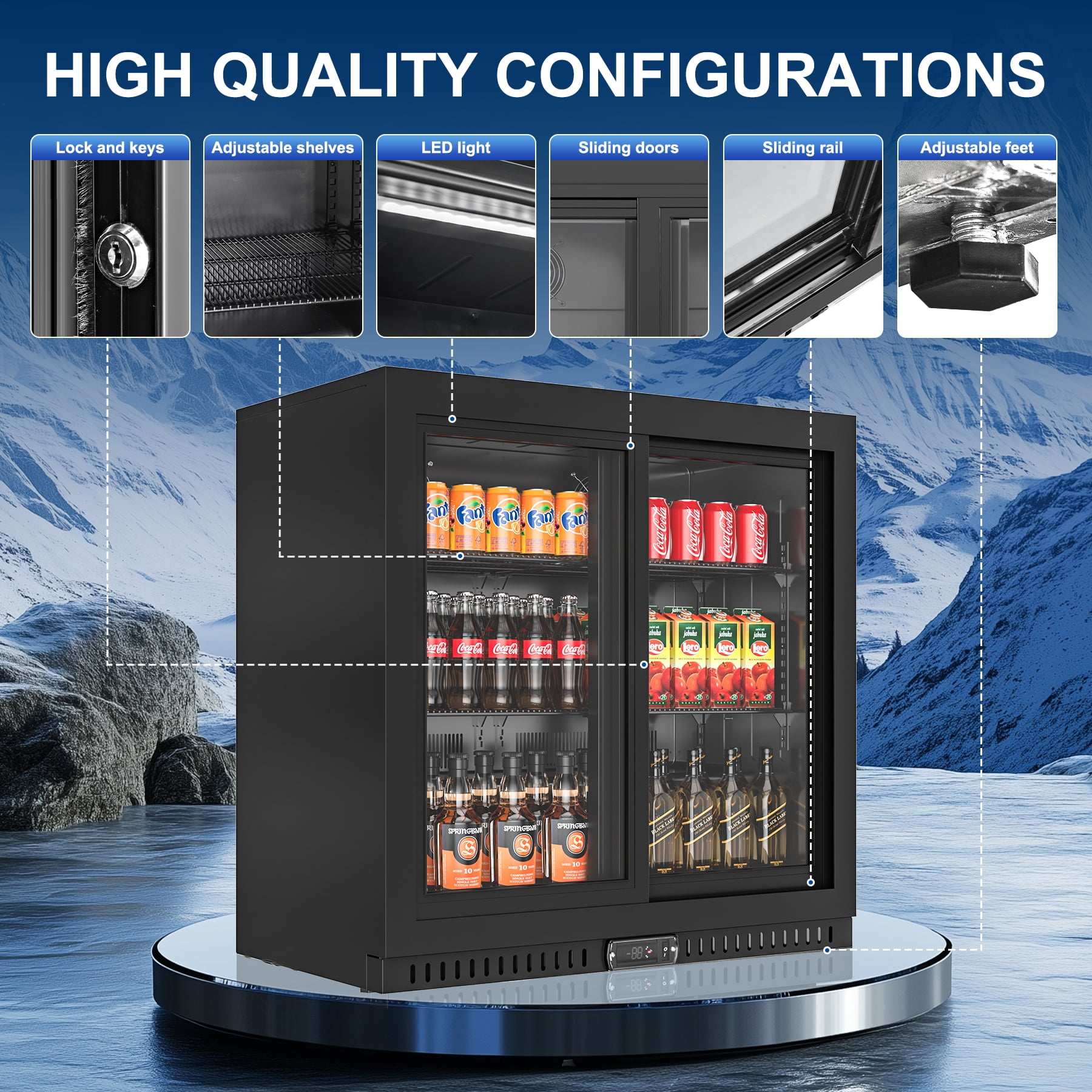 Amerikit Back Bar Cooler with 2 Glass Sliding Doors, 7.8 cu.ft Under Counter Height Beverage Refrigerator for Beer, Wine, Soda, Drinks, ETL Approved