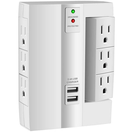Outlet Rack Mounted Surge Protection Wall Tap Surge Protector, Kasonic Top Power Strip 6 Power Outlets Plus 2 USB Ports Portable Wall-Mount Socket, Best Power Surge Protection Smart Charging for Home and Office (1 Pack) ()