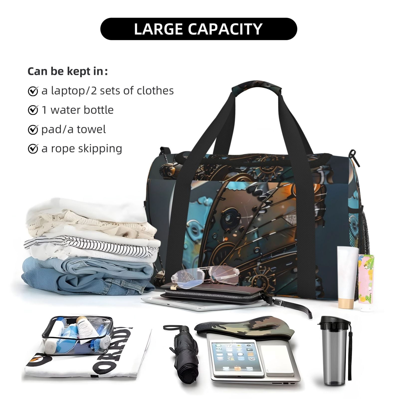 Fuzoiu Steampunk Mechanical Butterfly Print Travel Duffle Bag,Carry On Tote Bags,Duffel Bag,Sport Gym Bag, Hospital Bag for Labor and Delivery, Overnight Bag,Luggage Bag