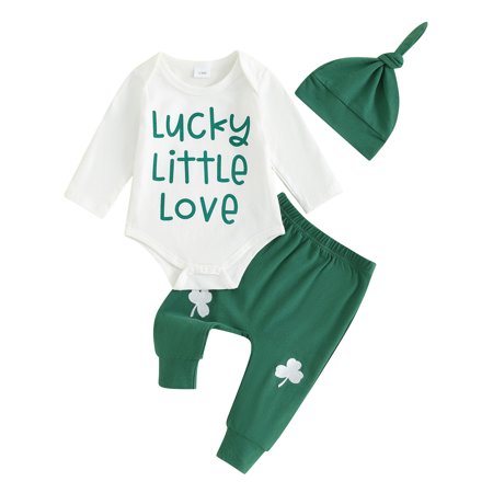 

Wallarenear Baby Girl Boy St. Patrick s Day Romper Tops Shamrock Print Pants with Hat Green 12-18 Months