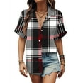 thumbnail image 2 of lulshou Women's Plaid Shirt Fashion Button Shirt Female Lapel Neck Short Sleeves Loose T-shirt Blouse Trendy Casual Checkered Blouse Tops Summer Shirts, 2 of 5