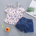 thumbnail image 4 of Heiheiup Toddler Girls Off Shoulder Ruffles Cartoon Prints T Shirt Tops Denim Shorts Outfits, 4 of 6