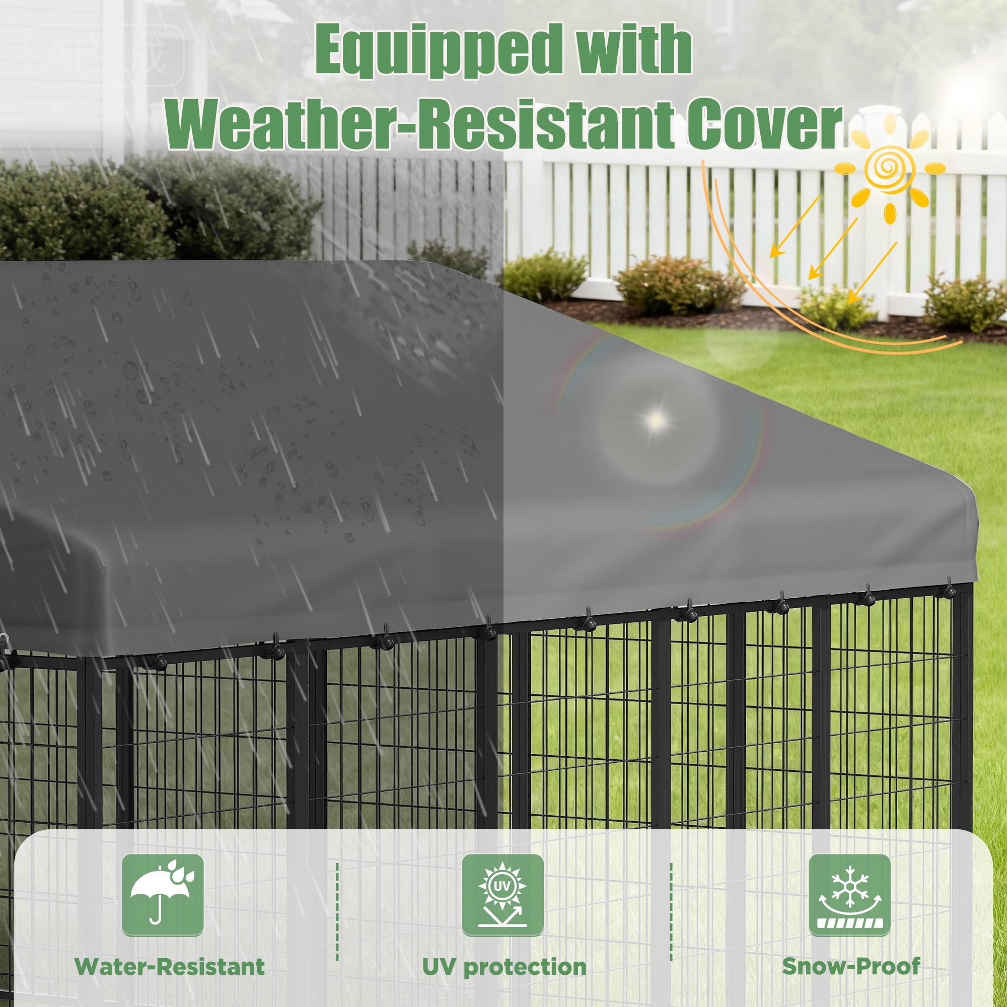 YODOLLA 10x10FT Outdoor Large Dog Kennel with Waterproof Cover, Heavy-Duty Steel Pet Enclosure with Secure Lock & Feeding Bowl, Spacious Dog Run for Backyard