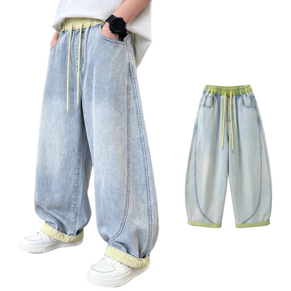 Boys Denim Pants Baggy Cargo Pants Straight Waist Casual with Pocket Classic Fit Jogger Kid Clothes 7-8 Years