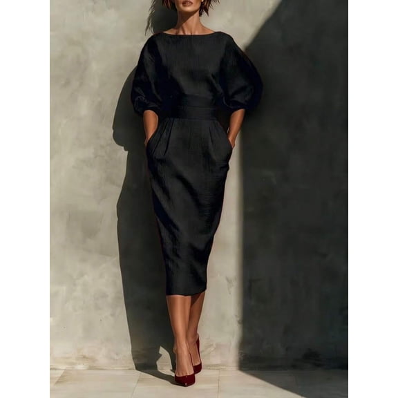 Womens Elegant Black Midi Dress, Boat Neckline, Puff Sleeves, Pleated Waist
