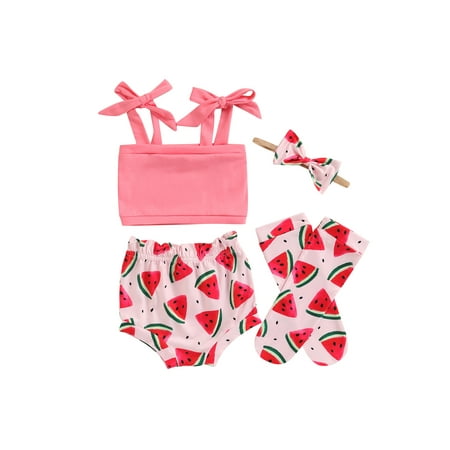 

ZIYIXIN Baby Girls Summer Clothes Double Side Strap Sling Tops+High Waist Shorts+Headband Band+Leg Warmer 4Pcs Set Watermelon Red 6-12 Months