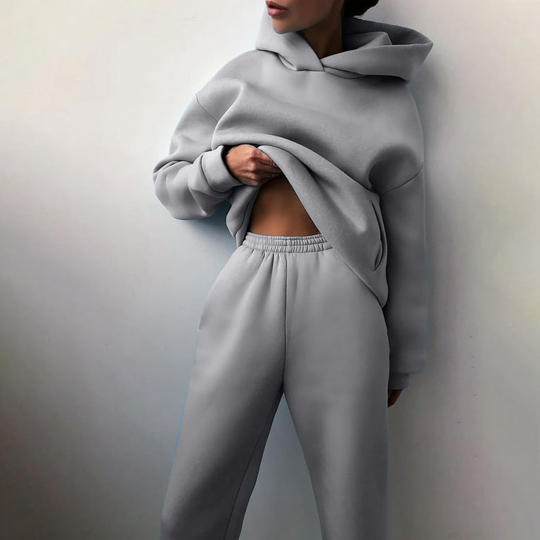 RQYYD Jogging Suits for Women - Solid Color Tracksuit Fall Winter Hoodie 2  Piece Jogging Suits with Pockets on Clearance (Gray,M)
