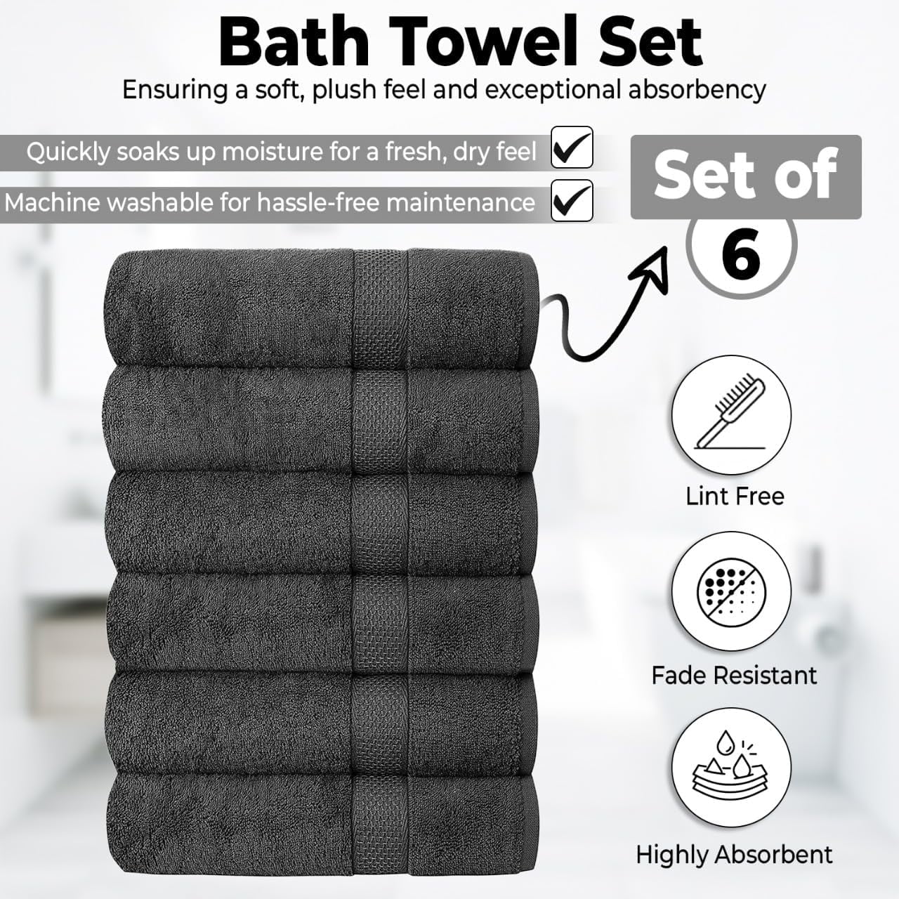 Springfield Linen Terry Cotton Bath Towel Sets, Gray, 6 Count