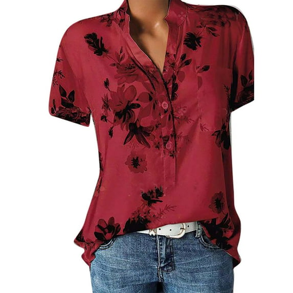 Askfv Plus Size Top for Women Short Sleeve Casual Henley Shirt Button Down Floral Print Blouse
