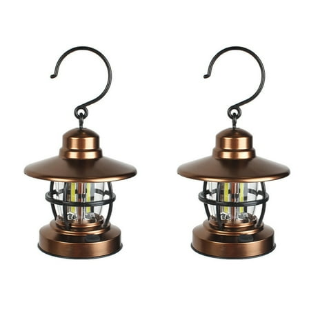 MERRYHAPY 2-Pack Light Brown Metal Retro Lantern with High Brightness COB LED Light for Camping Hiking Outdoor Use