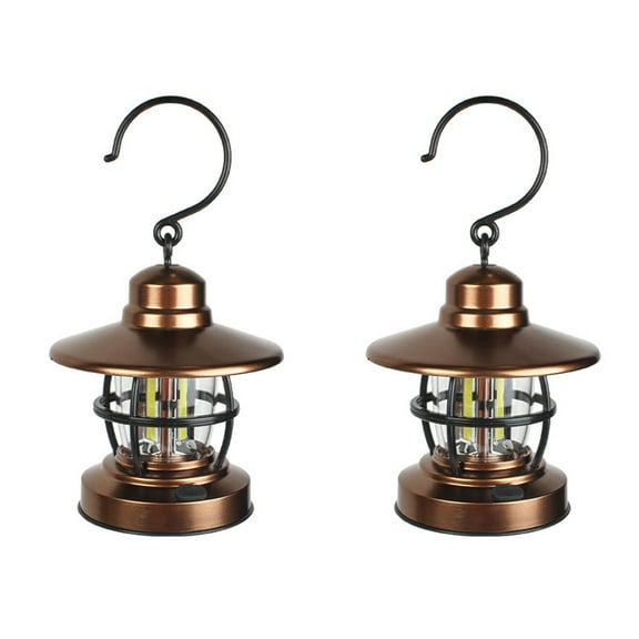 MERRYHAPY 2-Pack Light Brown Metal Retro Lantern with High Brightness COB LED Light for Camping Hiking Outdoor Use