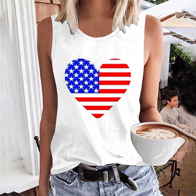 VKOYWKM Débardeurs Graphiques pour Femmes T-Shirts Drapeau Américain Jour de l'Indépendance Débardeurs Graphiques Sans Manches Col Rond Décontracté Tops Patriotiques