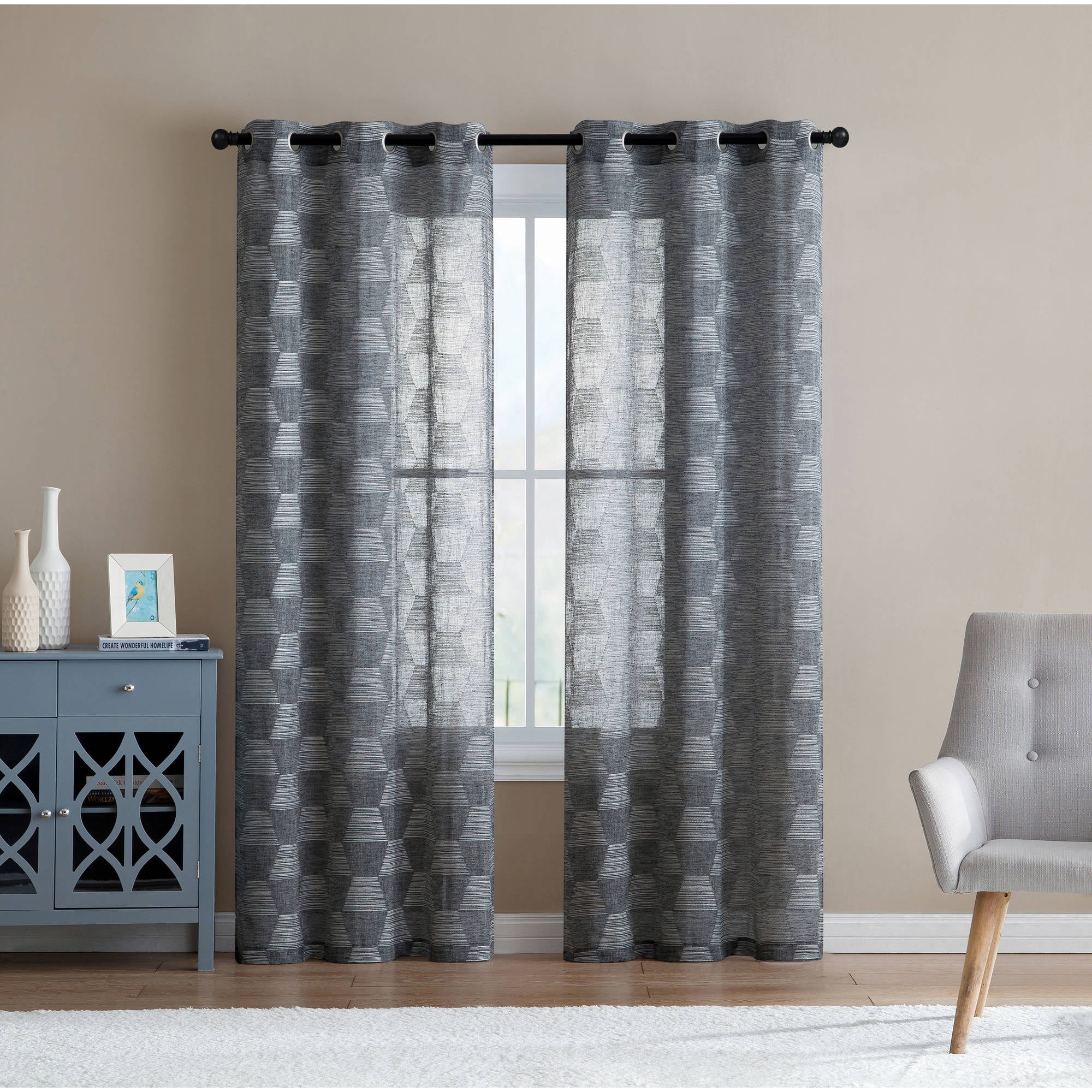 VCNY Home Geometric Embroidered Sheer Jolie Grommet Top Window Curtains