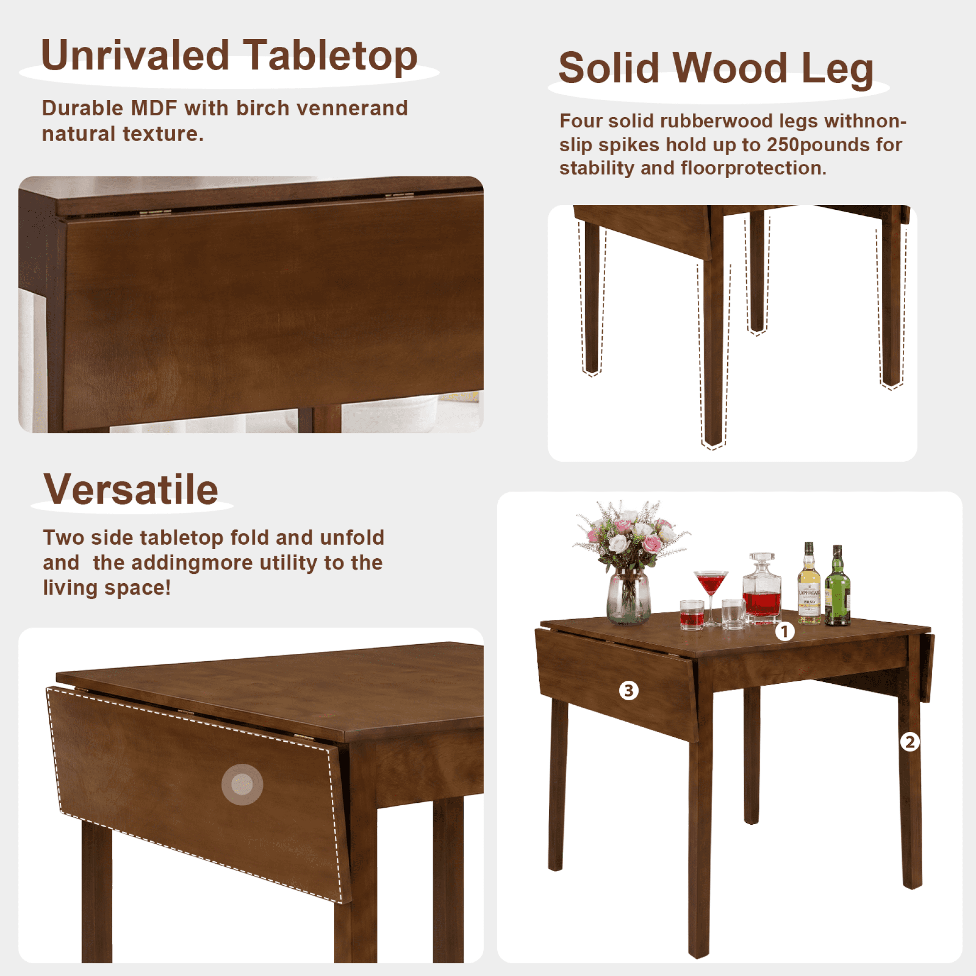 Leumius Extendable Dining Table,Folding Kitchen Table Rectangular Drop Leaf Table for 4,Folding Dining Table for Small Spaces,Seats 2-6 People,45.19'' L x 31.49'' W x 30.29'' H,Walnut